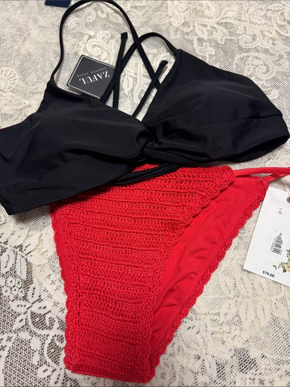 Chelsea & Zaful NWT L Black Strappy Bikini Top Red Crochet string Bikini Bottom